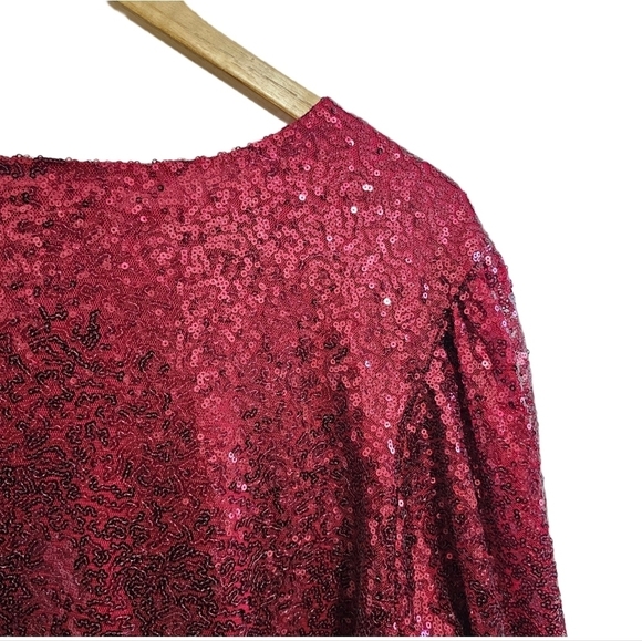 Eloquii cherry burgundy red sequins puff long sleeve v-neck midi wrap dress 20 - Picture 11 of 15